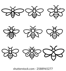 bee outline set collection isolated on white background