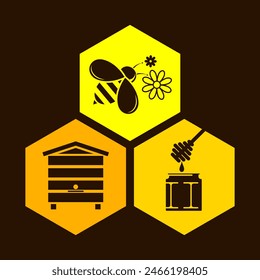 Bee over a flower, honeycomb and beehive