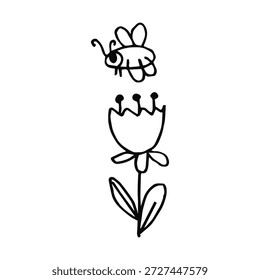 A bee over a flower sketch on a white background