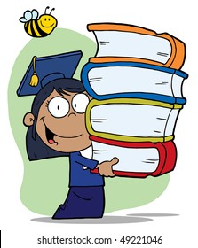 Bee Over A Hispanic Graduate School Girl Carrying A Stack Of Books