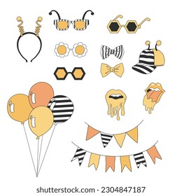 Bee party accessories and decoration vector clip-art set isolated on white. Summer honey aesthetics shoot booth objects illustration collection. Hand drawn festive bumblebee design elements.