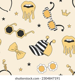 Bee party accessories vector seamless pattern. Summer honey lover background. Bee aesthetic fashion surface design