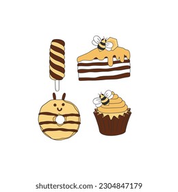 Bee party sweets, donut, cupcake, cake, ice cream vector clip-art set isolated on white. Honey deserts hand drawn illustration collection. Bumblebee treats design element.