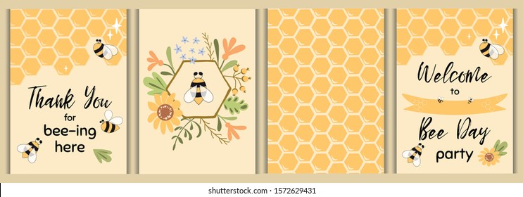 Bee Party Template Set Bee Baby Shower Invitations Cute Kids Party Event Sweet Honey Bee Flowers Vector Elements