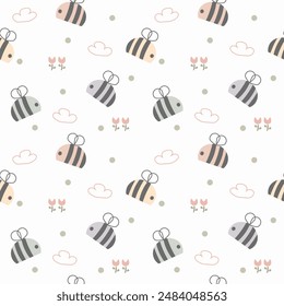 Abeja color pastel dibujos animados tan lindo. Sobre fondo blanco de lunares de nubes de flores. Patrón de Ilustración vectorial sin fisuras. 