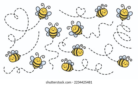 Bee path bundle. Cartoon bee flying route. The flight path. Honey bee collection. Vector illustration isolated on white background