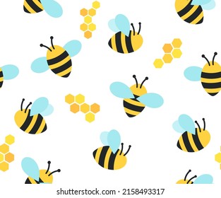 Bee pattern with cartoon bee characters, beehive and doodles. Seamless bee background. Summer and spring seamless pattern with flat style bee characters on white background. Vector illustration