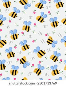 Bee pattern with flowers on light gray background.