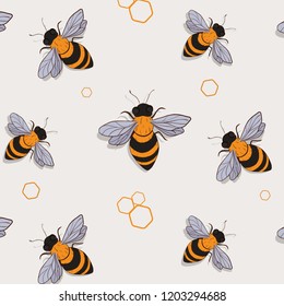 Bee pattern. Funny colorful bees flying. Summer insect print