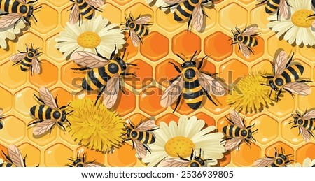 Bee pattern. Honeycomb honey. Yellow  Seamless pattern with honeycombs with honey and with bees, and dandelion flowers and daisies.