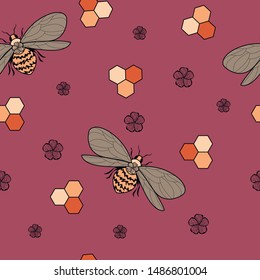 bee pattern with honeycombs and flowers on burgundy background