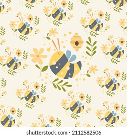 bee pattern with leaf and beehive motifs