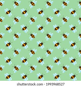 Bee pattern on green. Insect wallpaper. Nature theme. Honey producer. Changeable background. Contour graphic. Idea for decors, gifts, templates, papers, covers, wallpapers. Isolated vector.