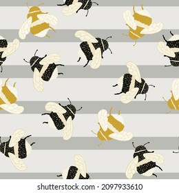 Bee pattern seamless in freehand style. Cute insect which extract honey on colorful background. Vector illustration for textile prints, fabric, banners, backdrops and wallpapers.