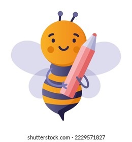 Bee with pencil in hand. Back to school. Vector illustration of smart bee student. Education concept