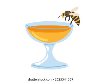 Bee perched on a cocktail glass filled with golden liquid in a minimalist style