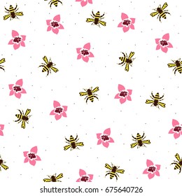 Bee and pink flowers seamless pattern. Vector hand drawn illustration.