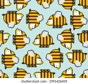 Bee pixel art 8 bit pattern seamless. pixelated honeybee 8bit vector background