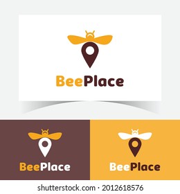 Bee Place Logo Design Template. Honey bee logo with pin concept. Bee location logo.