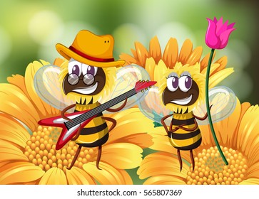 Bee playing guitar on flower illustration