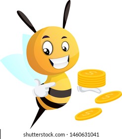 Bee pointing on the coins, bee holding coins, illustration, vector on white background.