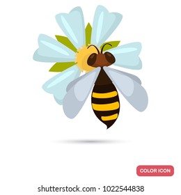 Bee pollinates the flower color flat icon