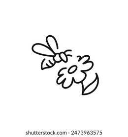 Bee pollinates the flower linear icon. Line customizable illustration. Contour symbol. Vector isolated outline drawing. Editable stroke