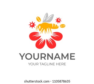 Bee pollinates flower and pollen of fruit trees, logo template. Beekeeping, house insect and animal world, vector design, illustration