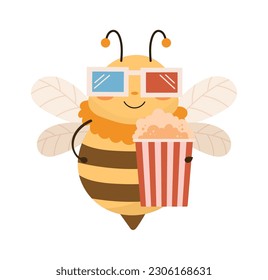 Bee With Popcorn And 3d Glasses Vector Illustration