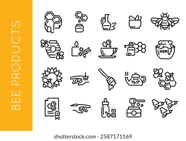 Bee products icons. Set of 20 bee trendy minimal icons. Example: Honeycomb, Beehive, Pollen, Beekeeper, Honey Jar icons. Design signs for web page, mobile app, packaging design. Vector illustration