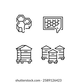 Bee products icons. Set of 4 bee trendy minimal icons. Example: Honeycomb, Beehive, Pollen icons. Design signs for web page, mobile app, packaging design. Vector illustration