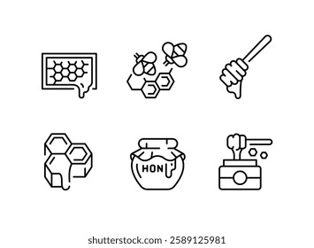 Bee products icons. Set of 6 bee trendy minimal icons. Example: Honeycomb, Beehive, Pollen, Beekeeper, Honey Jar icons. Design signs for web page, mobile app, packaging design. Vector illustration