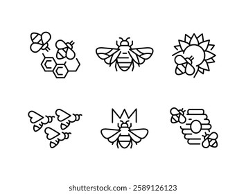 Bee products icons. Set of 6 bee trendy minimal icons. Example: Bee, Honeycomb, Honey Jar icons. Design signs for web page, mobile app, packaging design. Vector illustration