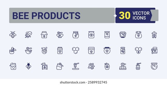 Bee Products icons set in linear style. Featuring food, nectar, healthy, pot, nature, pollen and more. Minimalistic icon. Vector outline and solid icons collection.