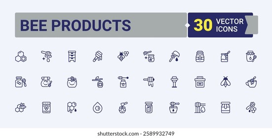 Bee Products icons set in linear style. Featuring food, nectar, healthy, pot, nature, pollen and more. Minimalistic icon. Vector outline and solid icons collection.