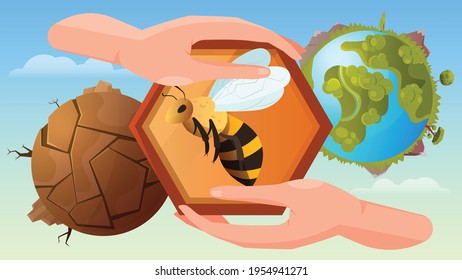 Bee protection flat poster with human hands holding honeycomb at blooming and dead planet background vector illustration