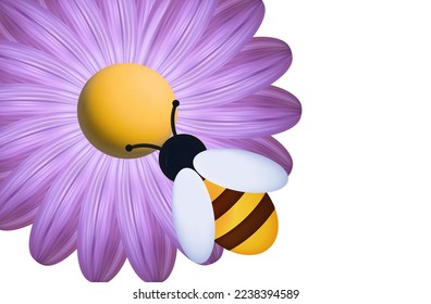 Bee and purple flower 3d, isolated icon. One insect collects nectar, pollen. Honey bee, wild wasp or bumblebee on a flowering gerbera, daisy. The concept of active labor, pollination closeup. Vector 