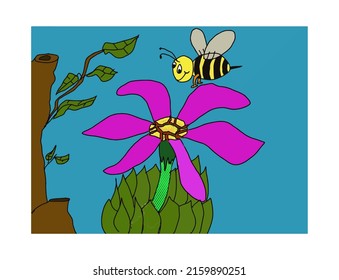 bee and purple orchids drawn by children