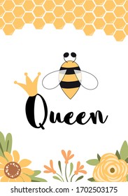 Clogan de reina de abeja Corte texto en tarjeta amarilla. Flores de abeja Diseño de afiche de amor con vector de abejas reina