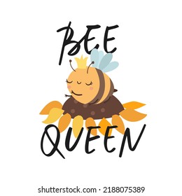 Reina de abejas. Abeja positiva. Niños divertidos imprimen. Letras de dibujo a mano. Insulto gracioso