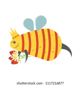 Bee queen with flowers,flat design, vector image, cartoon funny character