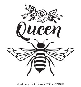 Reina de abejas, cita graciosa, letras dibujadas a mano para tiras lindas. Citas positivas aisladas en fondo blanco. Reina de abejas, lema feliz para la camiseta. Ilustración vectorial con burbujas, flores y hojas