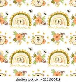 Bee rainbow floral pattern. Honeycomb rainbow. Summer floral yellow seamless pattern. Honeybee background. Organic honey graphic design template. Sweet honey vector illustration. Cute bumblebee