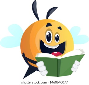 Bee reading a book, illustration, vector on white background.