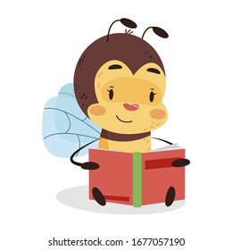 Bee reading book on white isolated background. Vector smart bee with a book children character design illustration.
