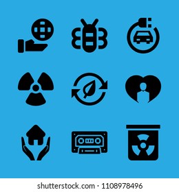 bee, recycling, radioactive, person inside a heart, chemical, ecology, cassette, electric car and home insurance vector icon. Simple icons set