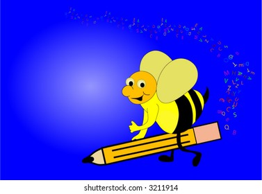 Bee riding a pencil leaving an alphabet trail.