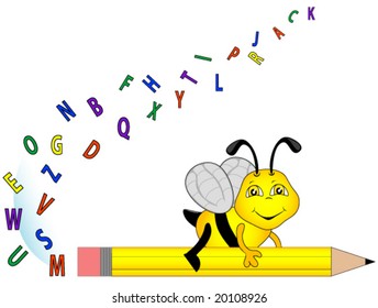 Bee riding a pencil leaving a trail of letters.