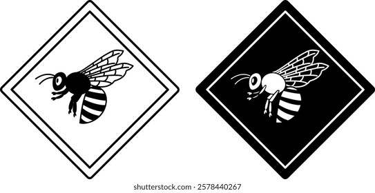 Bee Road Signs. Black and White Vector Icons. Flying Insect. Road Sign Warning Animals Crossing Road. Zoo Sticker