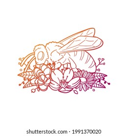 Bee Rose Flower with Vintage Insect Design. Fly Floral frame ornament vector style. Decoration Design Wreath illustration.